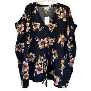 NEW Tunic Top One Size Drawstring Tamsy Black Floral V Neck Made‎ in India